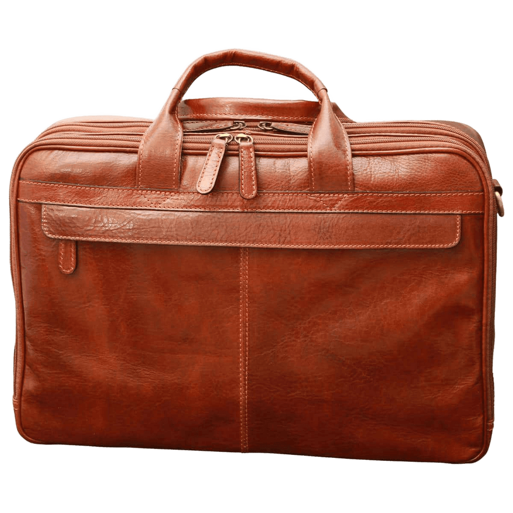 Borsa per laptop in pelle marrone con maniglia superiore e tasca frontale.