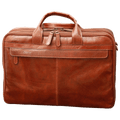 Borsa per laptop in pelle marrone con maniglia superiore e tasca frontale.
