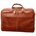 Borsa per laptop in pelle marrone con maniglia superiore e tasca frontale.