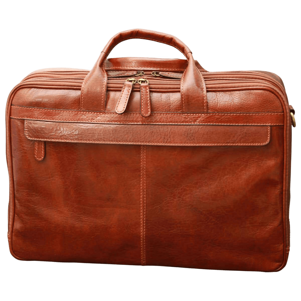 Borsa per laptop in pelle marrone con maniglia superiore e tasca frontale.