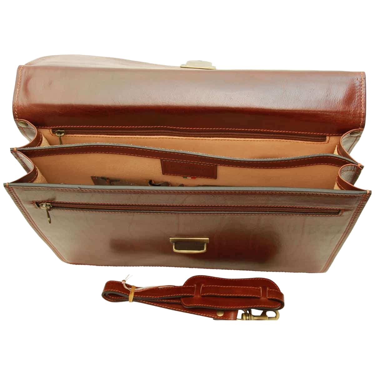Cartella in vacchetta marrone Old Angler aperta: interni con tasche e chiusura a fibbia