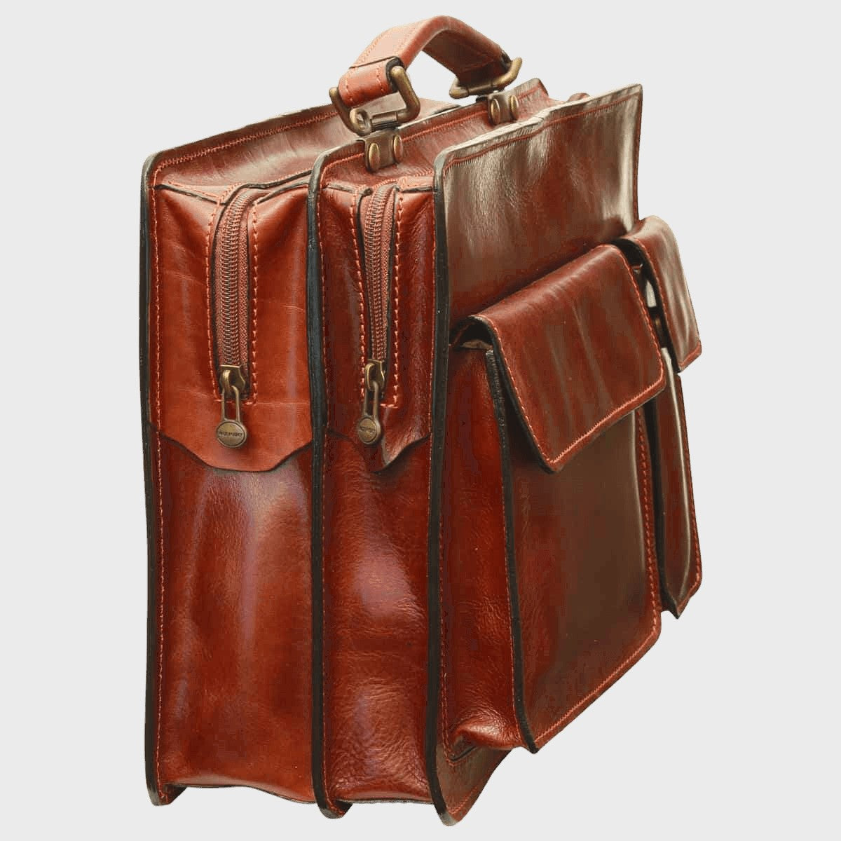 Cartella in pelle marrone con due scomparti laterali con zip e manico superiore