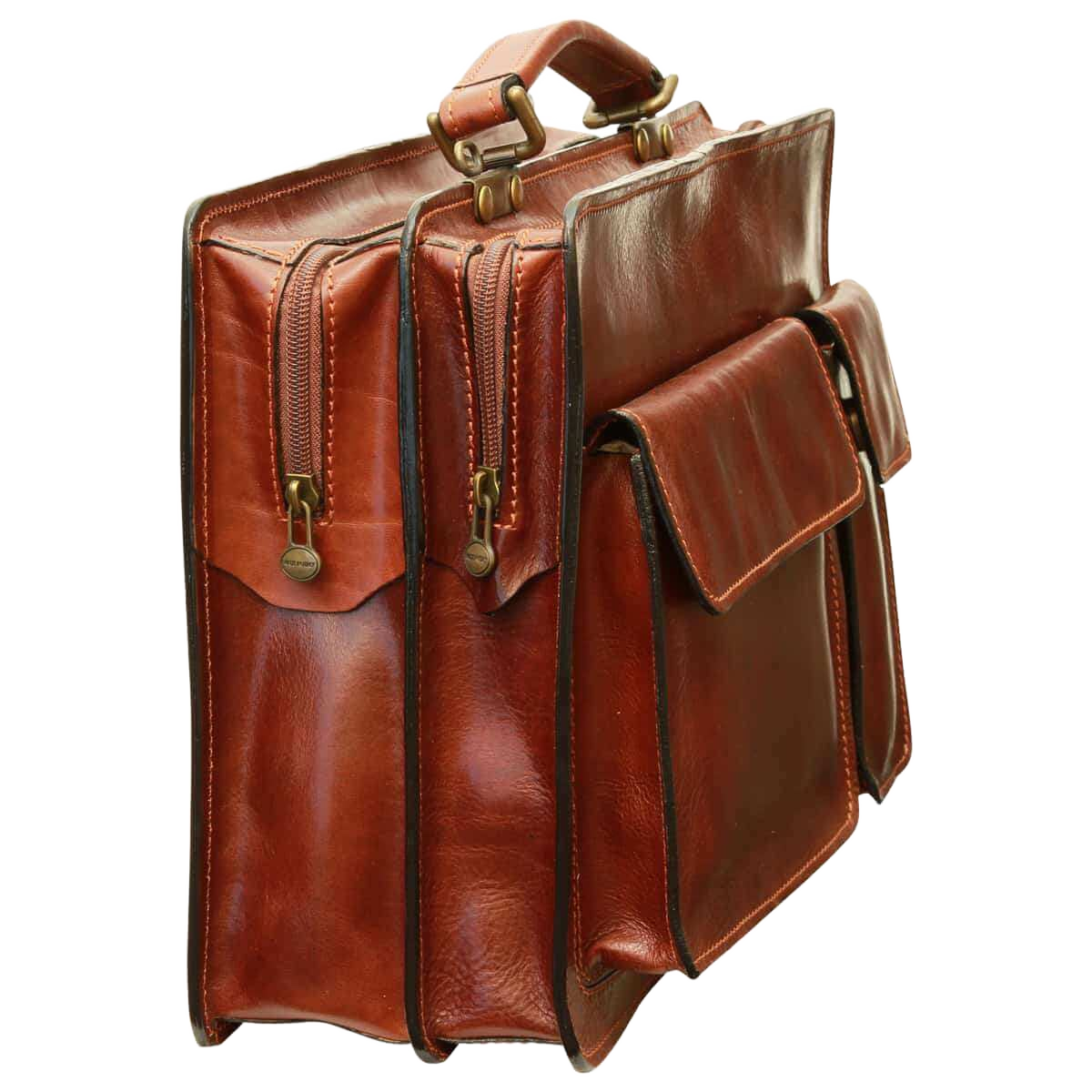 Cartella in pelle marrone con tasche frontali e tracolla regolabile