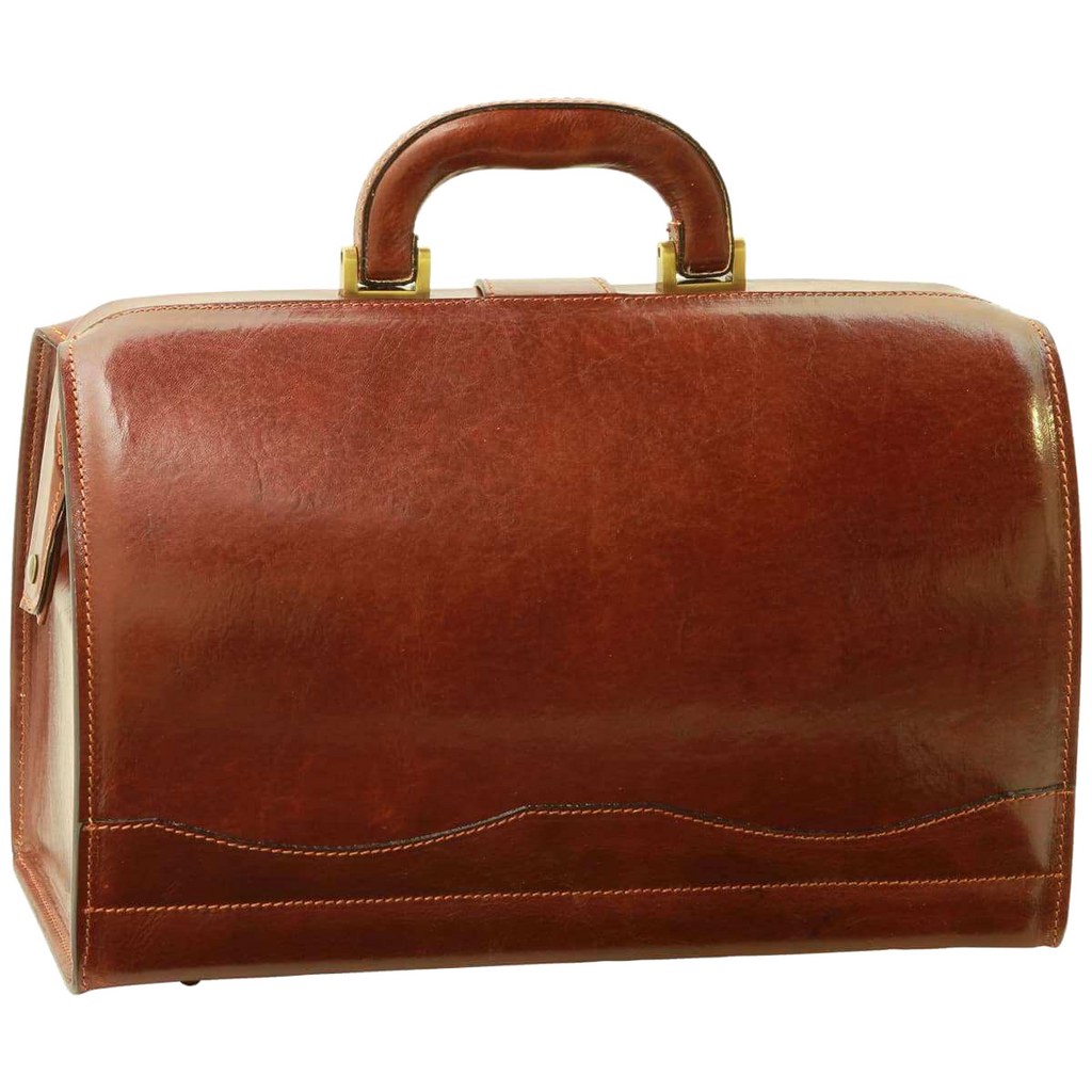 Borsa da medico in pelle marrone con manico superiore e cuciture decorative a contrasto