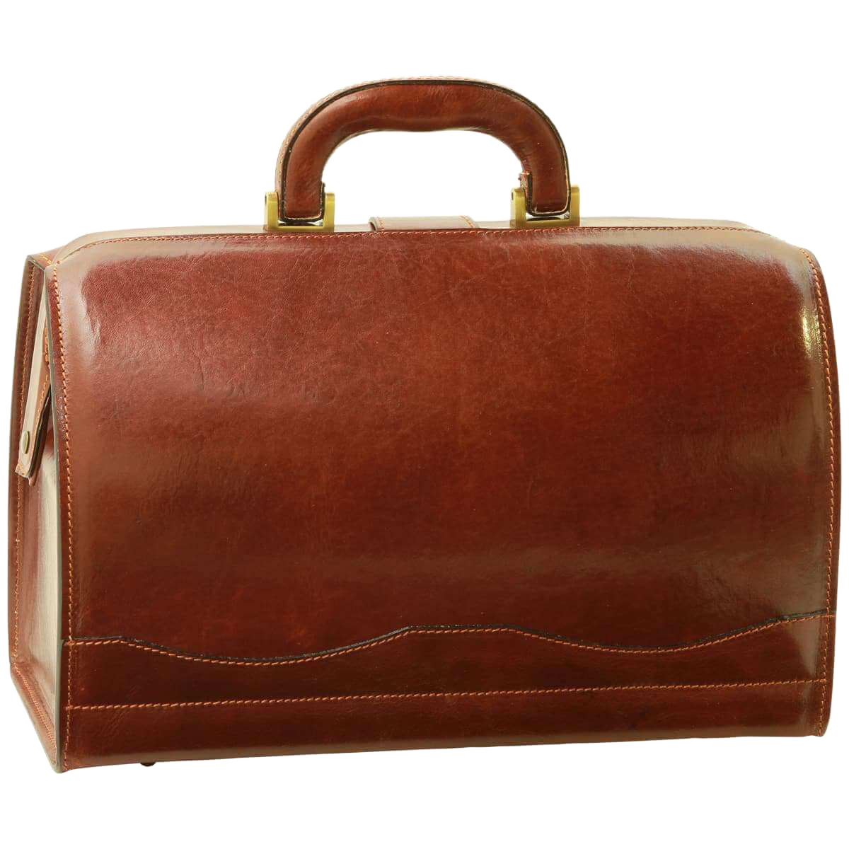 Borsa da medico in pelle marrone con manico superiore e cuciture decorative a contrasto