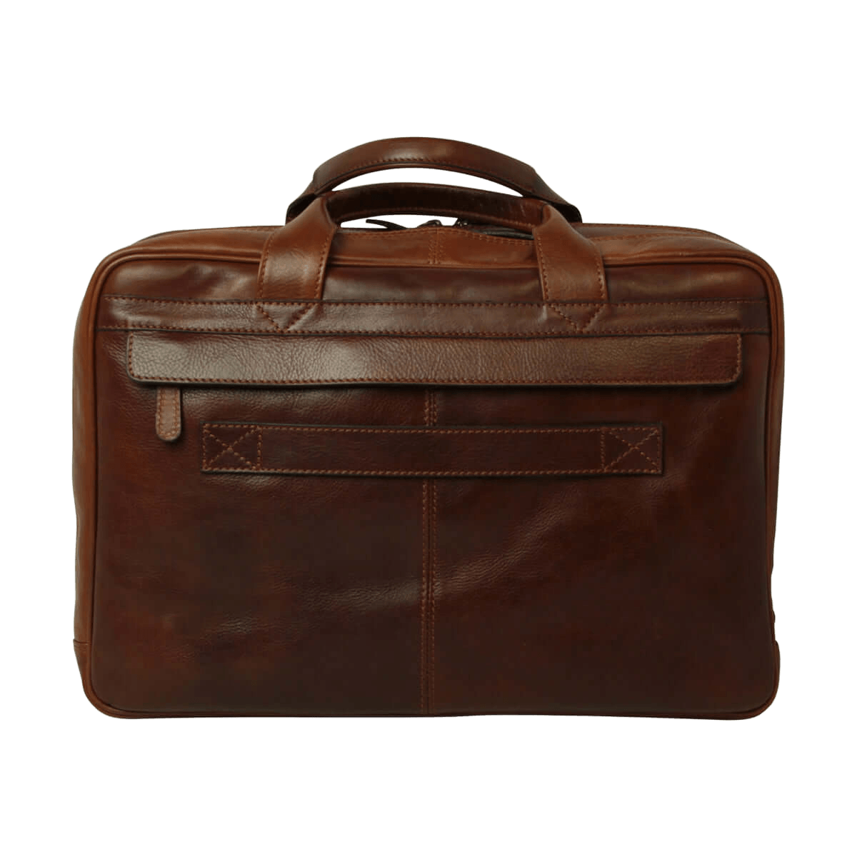 Borsa da laptop in pelle marrone con pattina frontale e cuciture a rombi