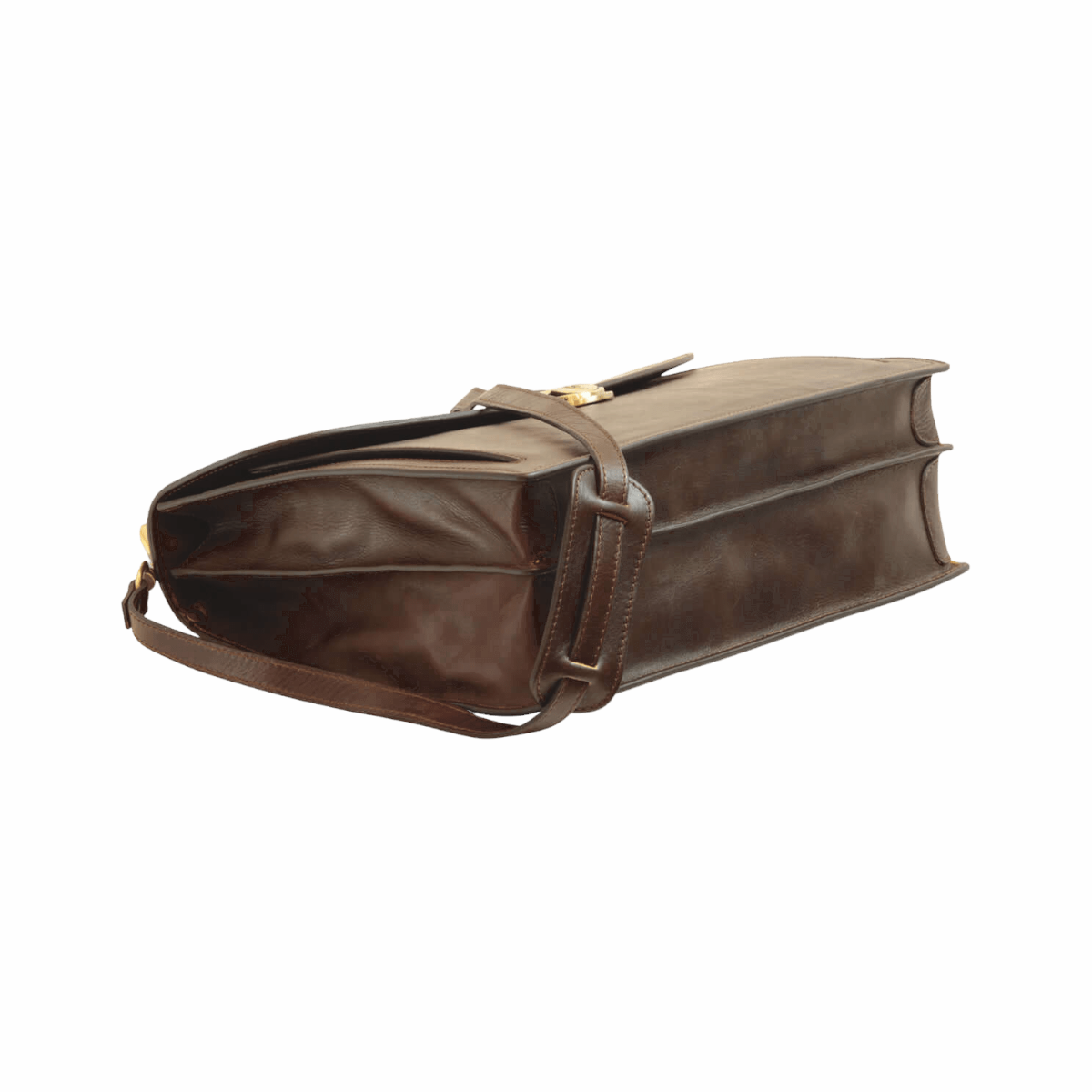 Borsa in pelle marrone scuro vista laterale con tracolla e manico corto