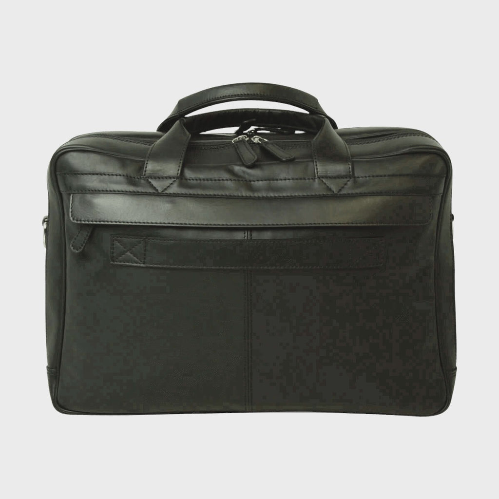 Borsa da laptop in pelle nera con maniglia superiore e chiusura a zip frontale