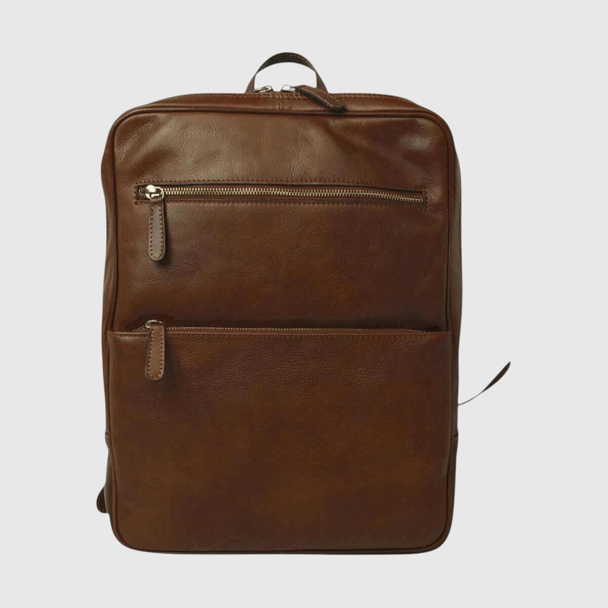 Zaino in pelle di vitello castagna con fascia trolley e zip frontali