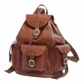 Zaino in pelle marrone con 3 tasche frontali e fibbie in metallo