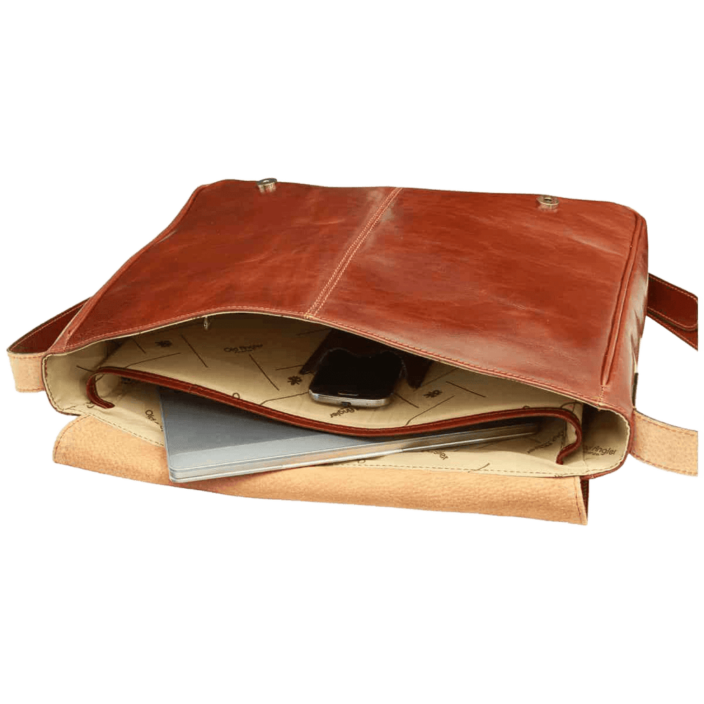 Borsa messenger in pelle marrone Old Angler, scomparto interno e tasca
