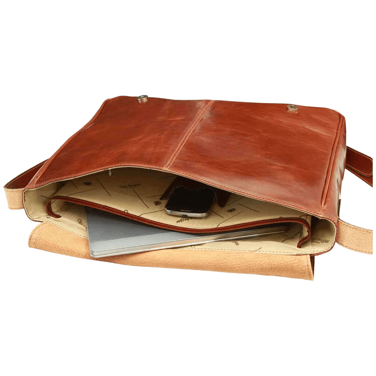 Borsa messenger in pelle marrone Old Angler, scomparto interno e tasca