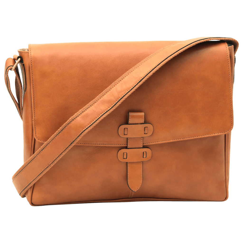 Borsa messenger in pelle marrone coloniale con patta e chiusura a fibbie metalliche