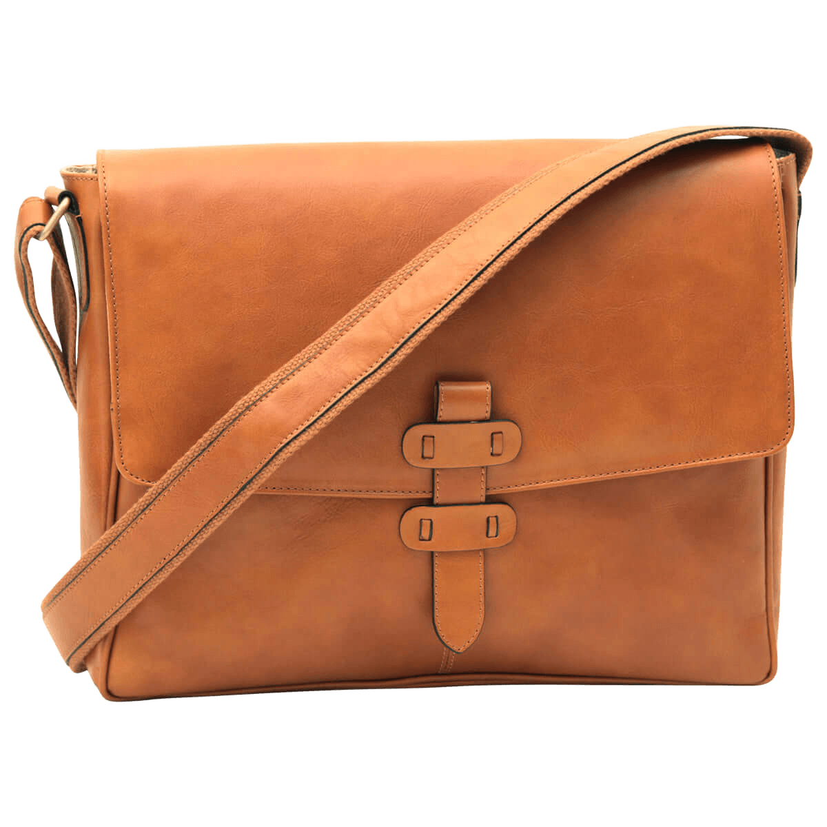 Borsa messenger in pelle marrone coloniale con patta e chiusura a fibbie metalliche