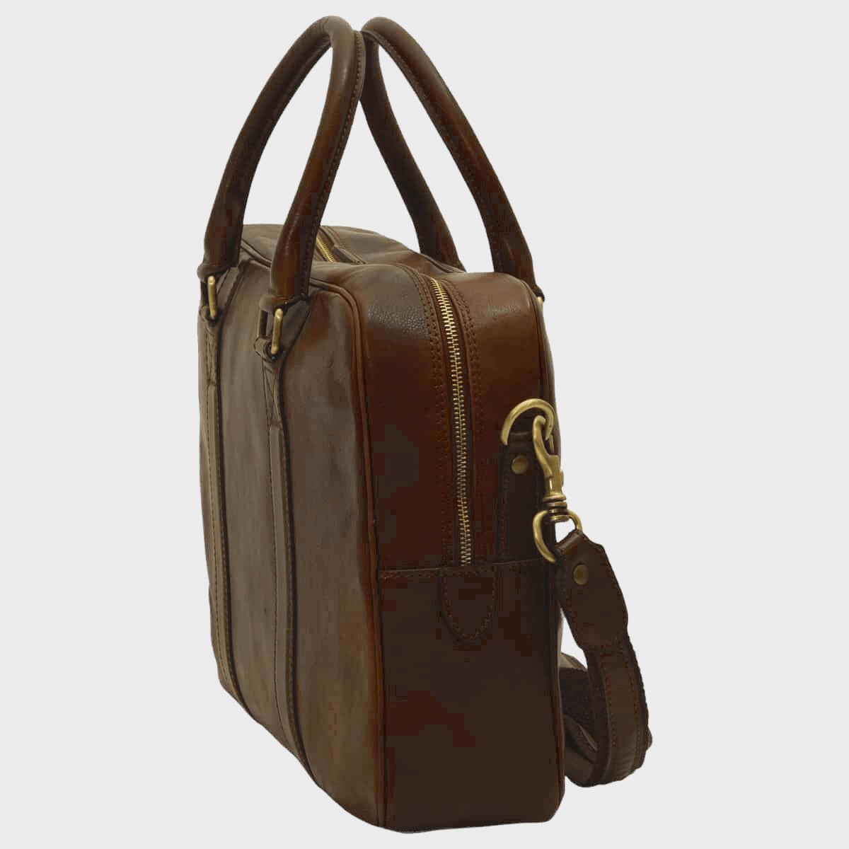 Cartella in pelle marrone scuro con manici, tasca laterale con zip e tracolla