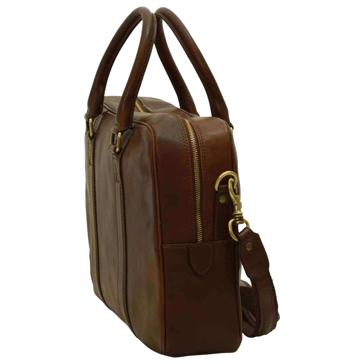 Cartella in pelle marrone scuro vista laterale con tracolla e zip
