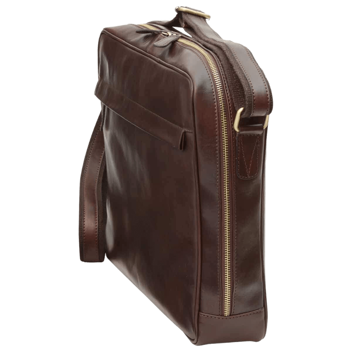 Borsa messenger in pelle marrone scuro, lato con zip lunga e maniglia corta