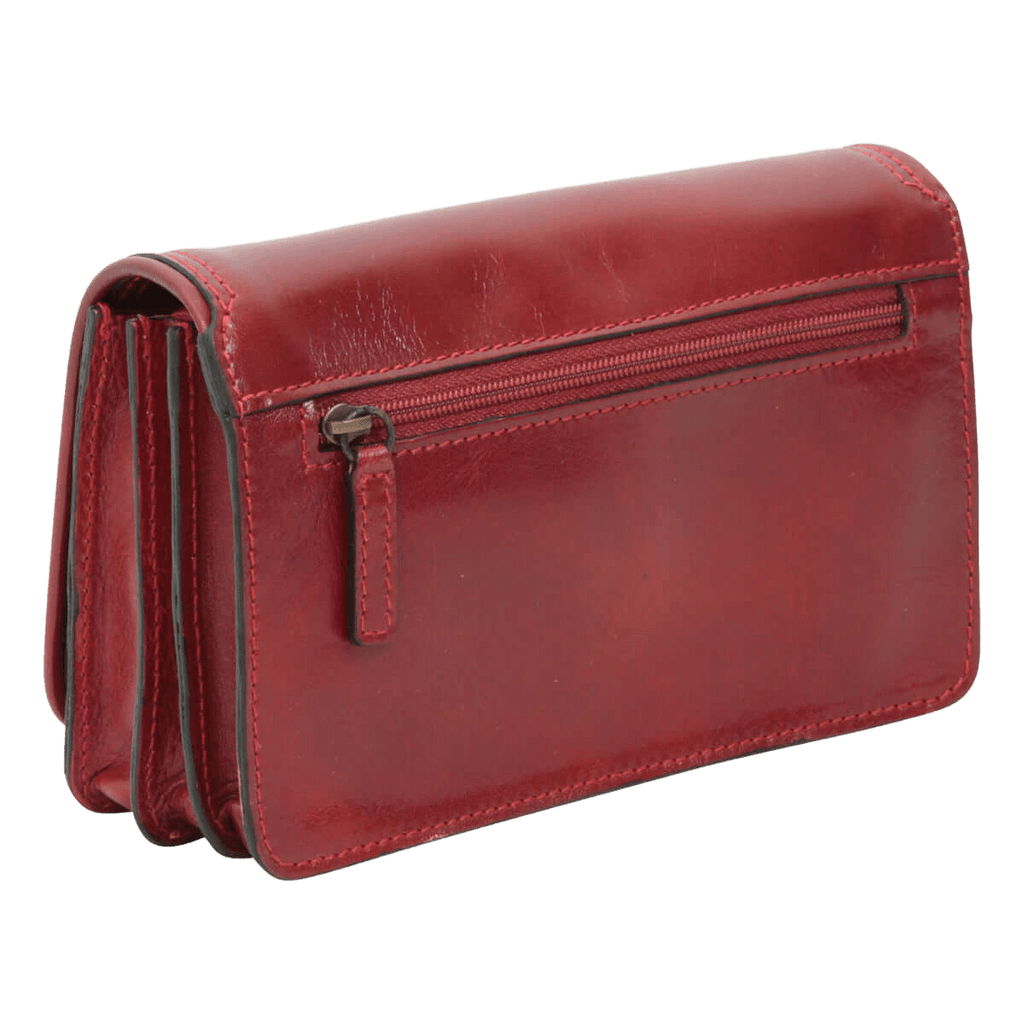 Pochette in pelle rossa con zip frontale e bordi cuciti a contrasto