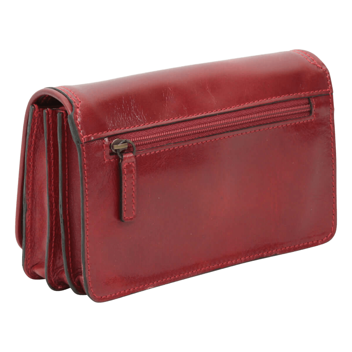Pochette in pelle rossa con zip frontale e bordi cuciti a contrasto