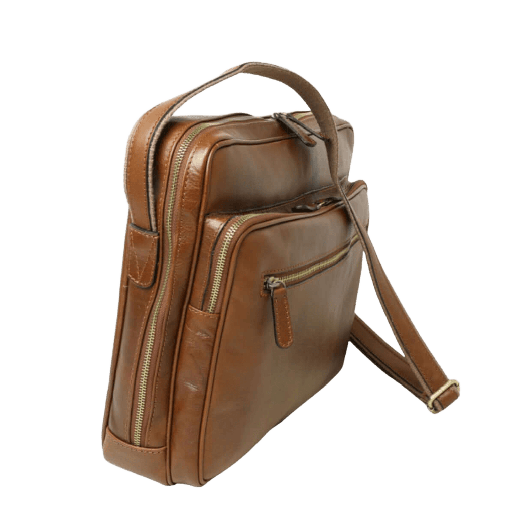 Borsa messenger in pelle marrone con tracolla e tasche con zip