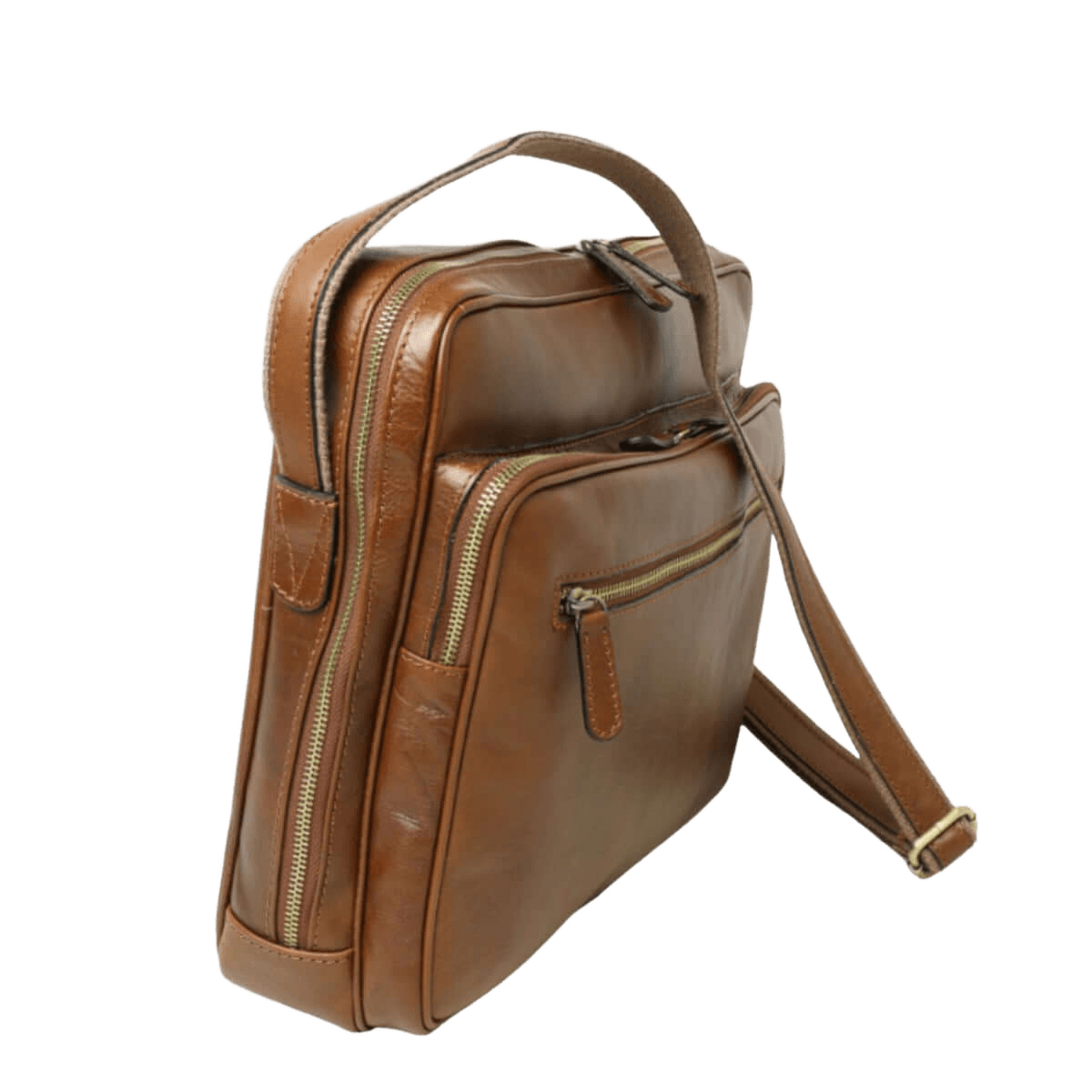 Borsa messenger in pelle marrone con tracolla e tasche con zip