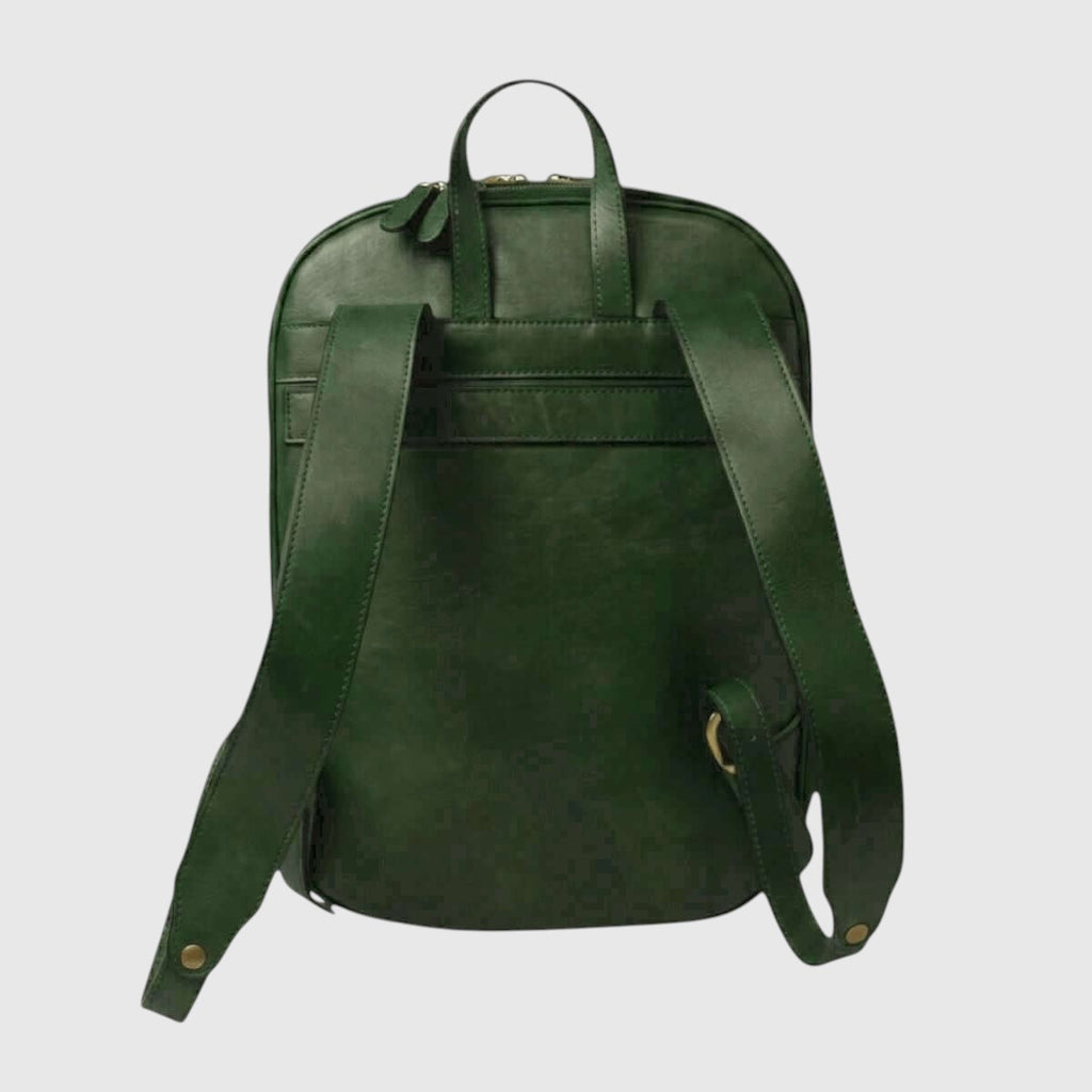 Zaino in pelle verde con spallacci regolabili e tasca frontale con zip