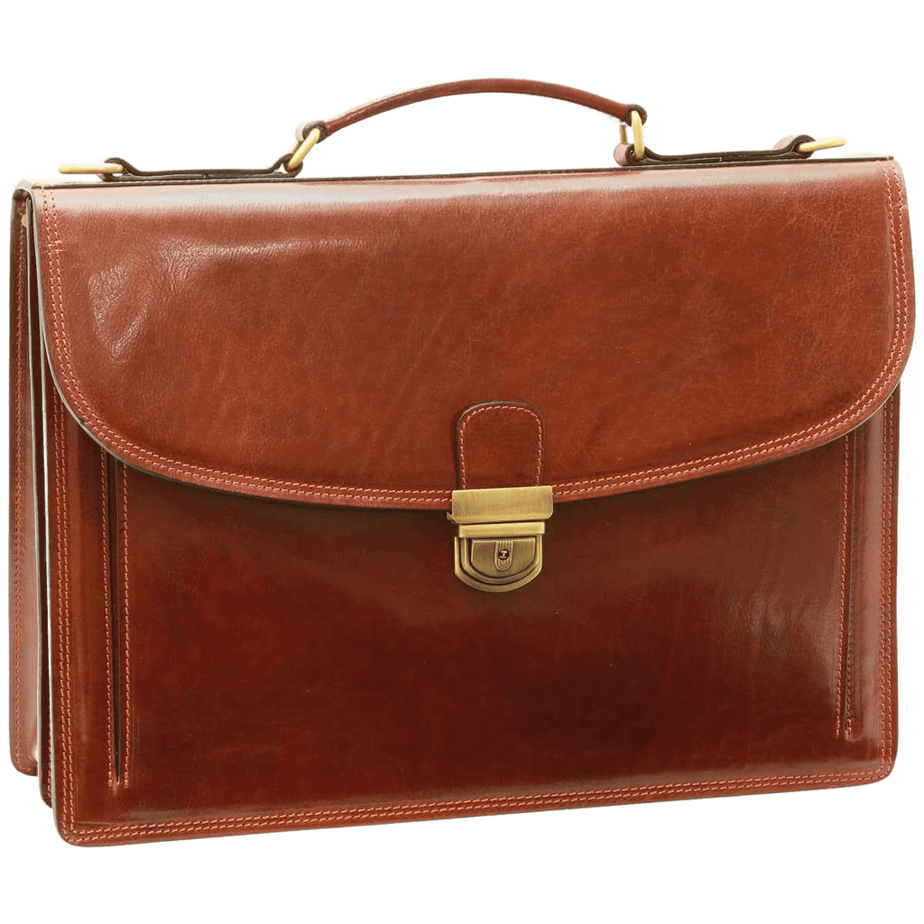 Borsa in pelle marrone con tracolla, chiusura a pattina e manico superiore.