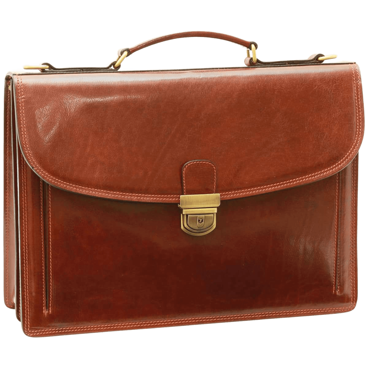 Borsa in pelle marrone con tracolla, chiusura a pattina e manico superiore.