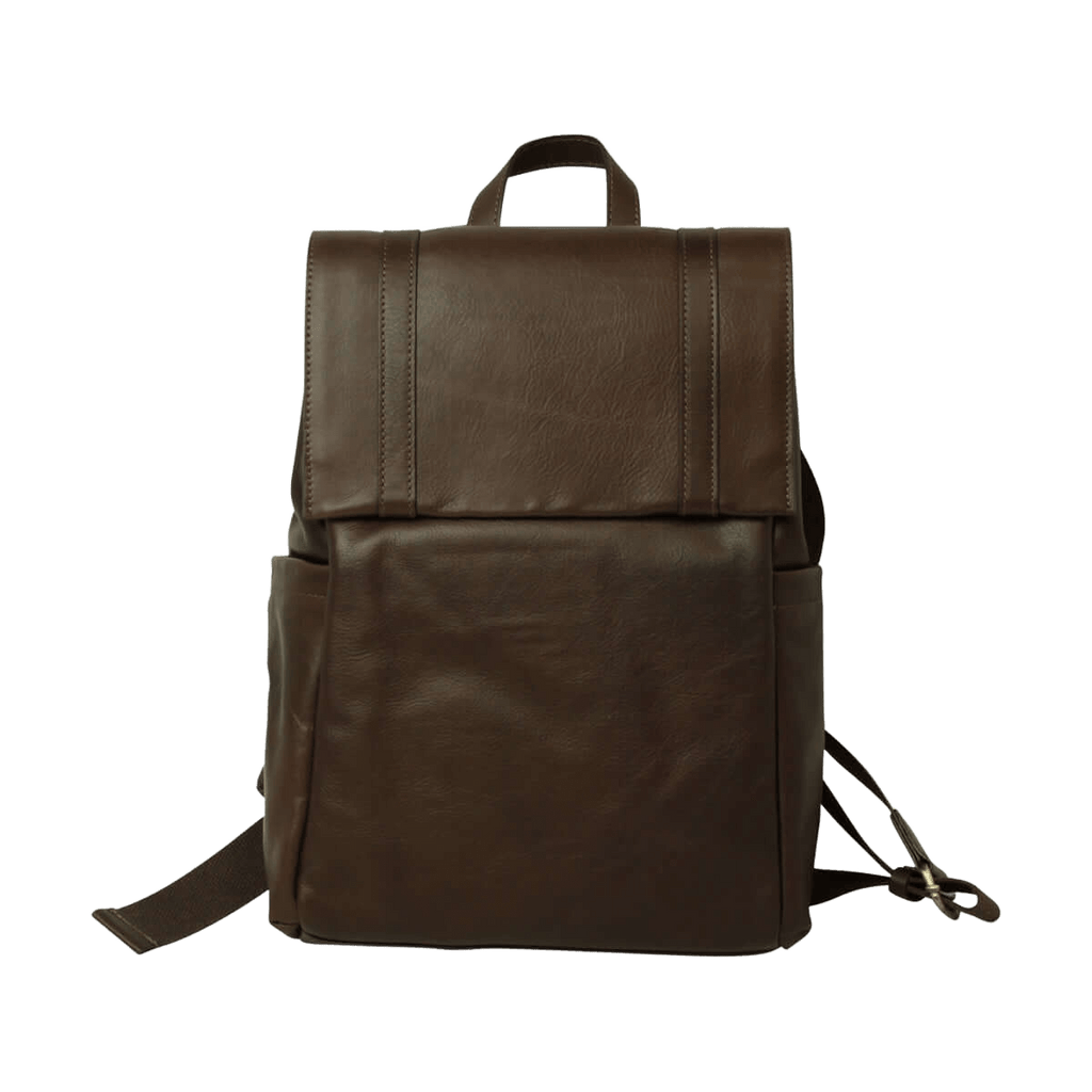 Zaino in pelle marrone scuro per laptop, con fascia trolley e maniglia superiore
