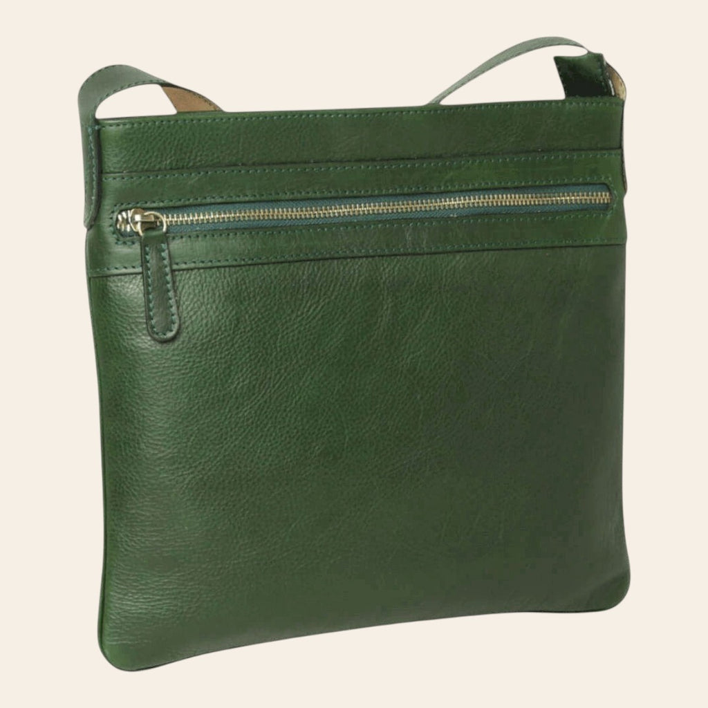 Borsa a tracolla grande in pelle verde con zip centrale e tasca frontale
