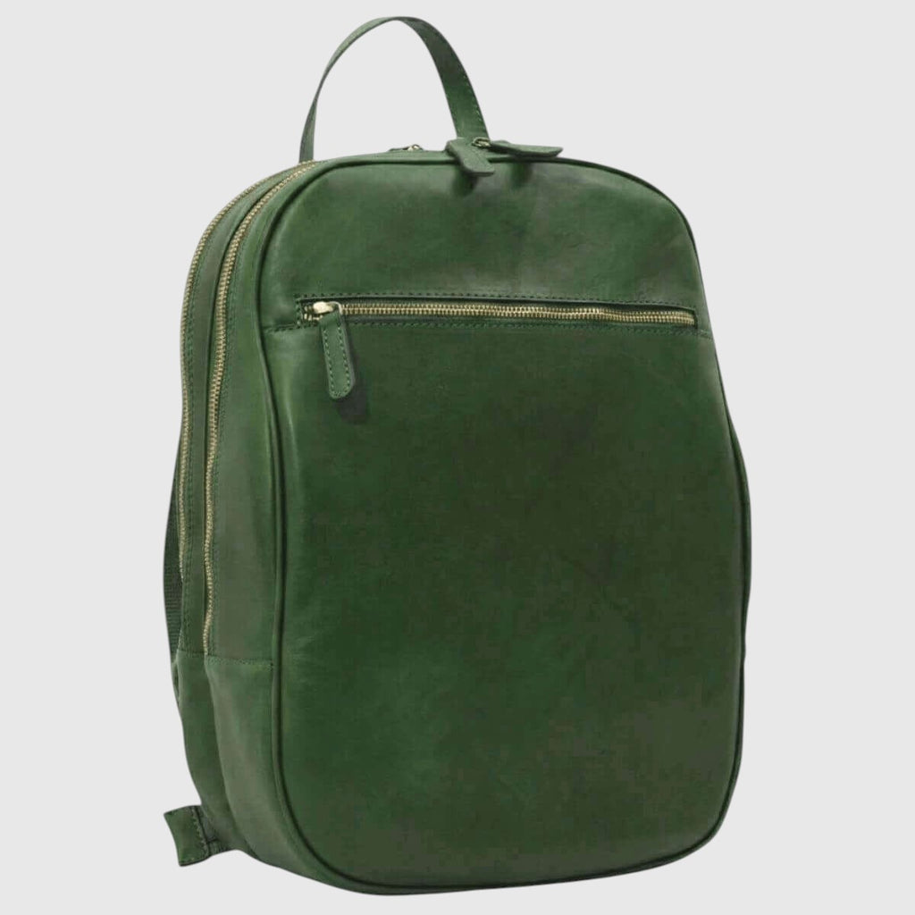 Zaino in pelle verde con tasca frontale con zip e manici