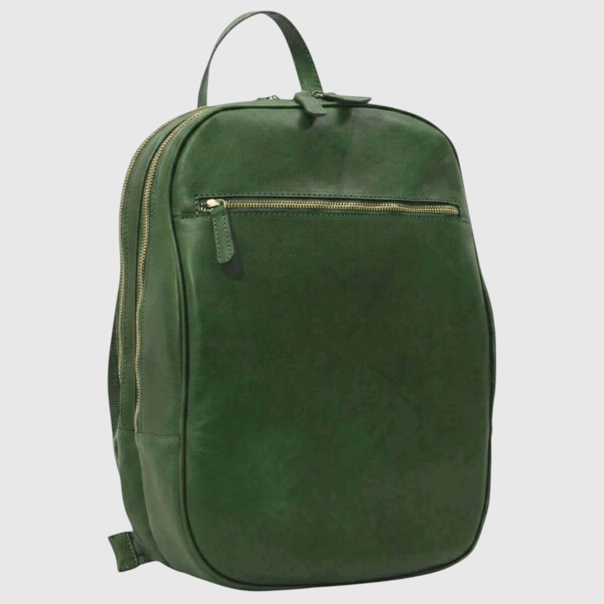 Zaino in pelle verde con tasca frontale con zip e manici