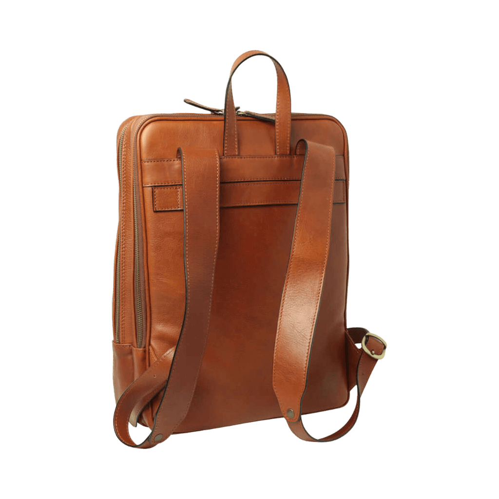 Zaino in pelle teak con maniglia superiore e tasca frontale con zip.