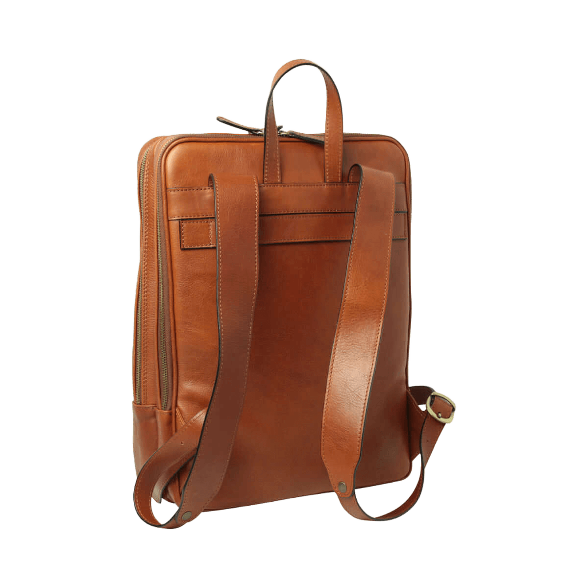 Zaino in pelle teak con maniglia superiore e tasca frontale con zip.