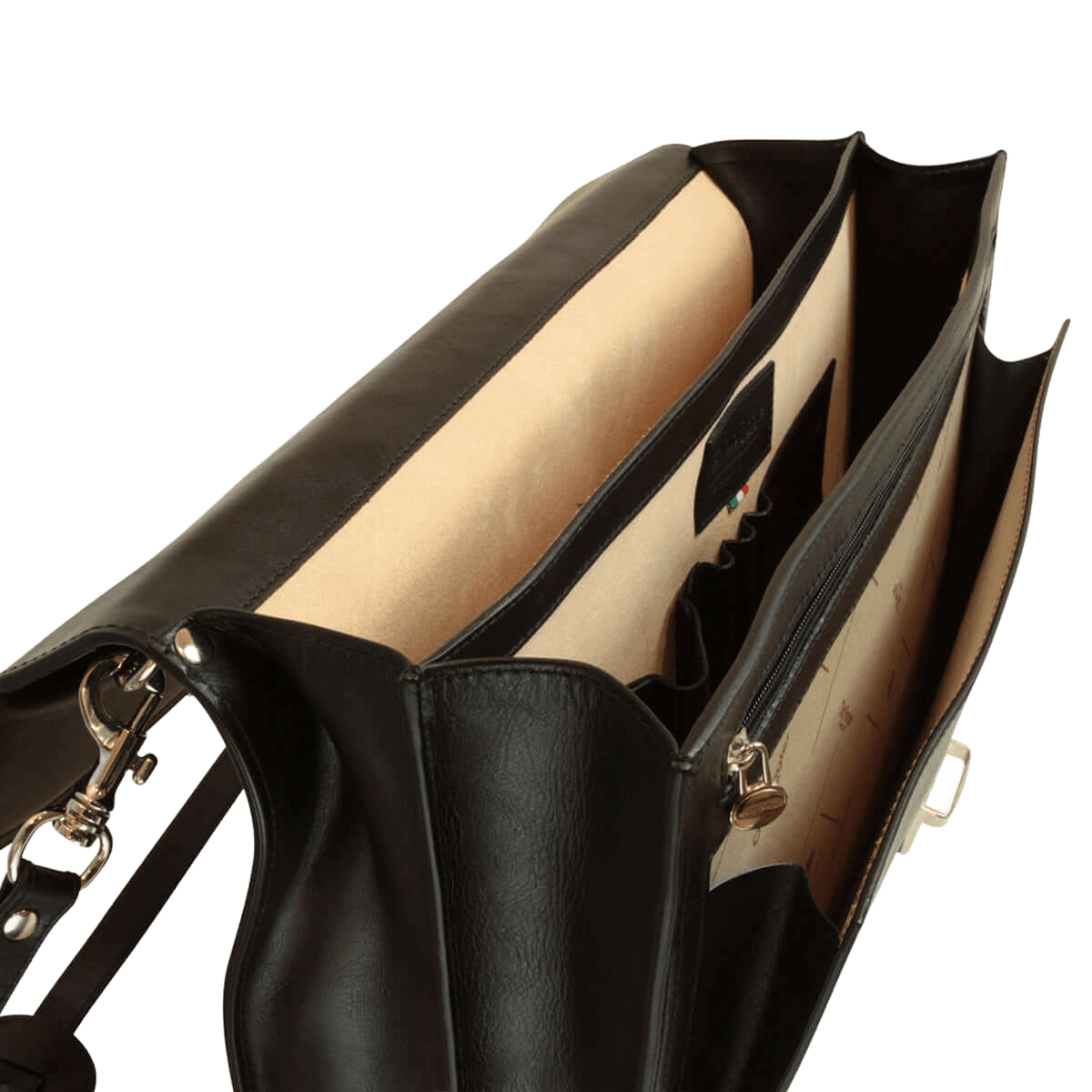 Borsa in pelle nera da uomo aperta, interno con tasche e fodera visibile.