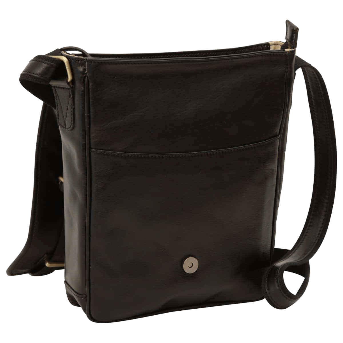 Borsa messenger in pelle nera con patta frontale e chiusura magnetica