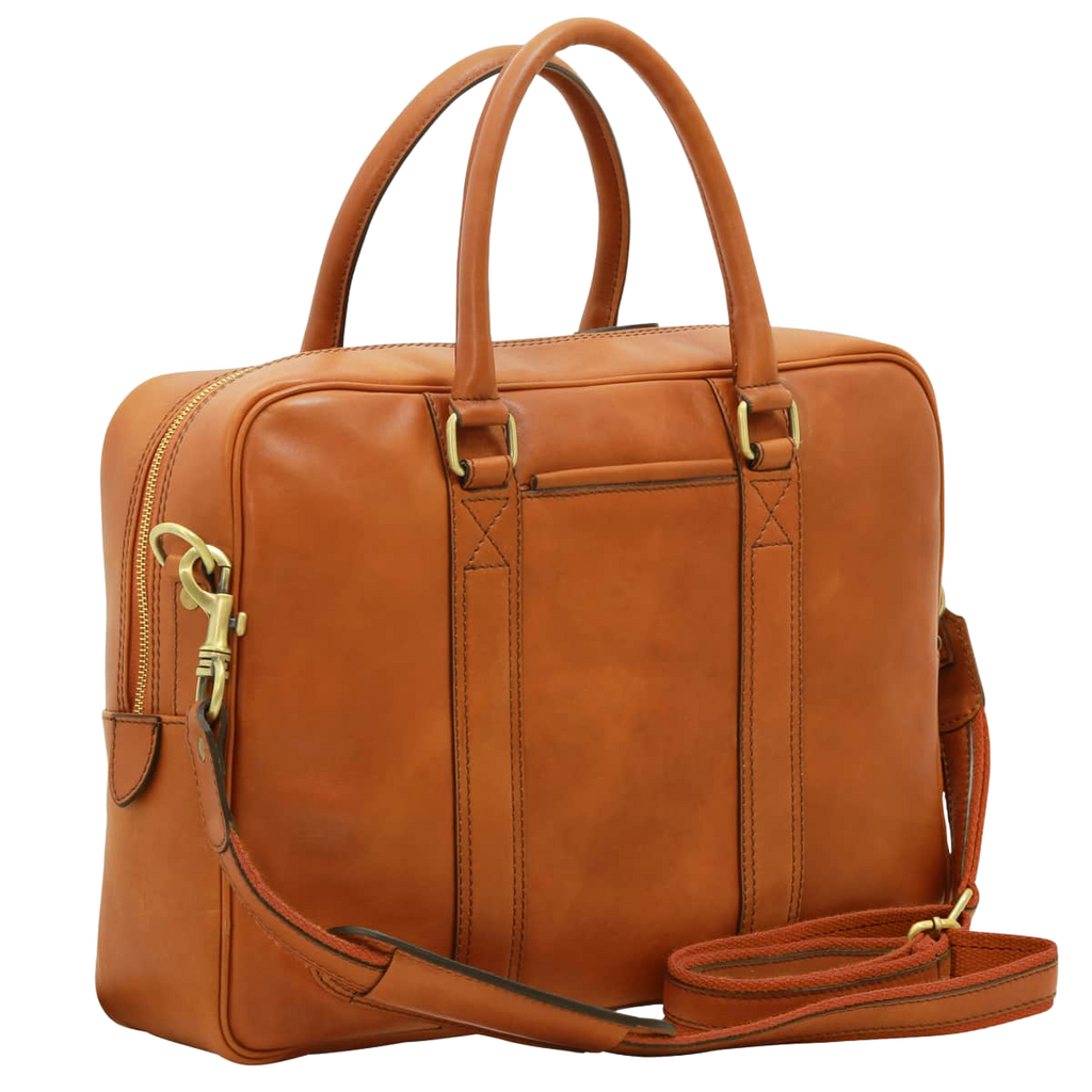 Cartella in pelle arancione con doppie maniglie e tasca anteriore con zip