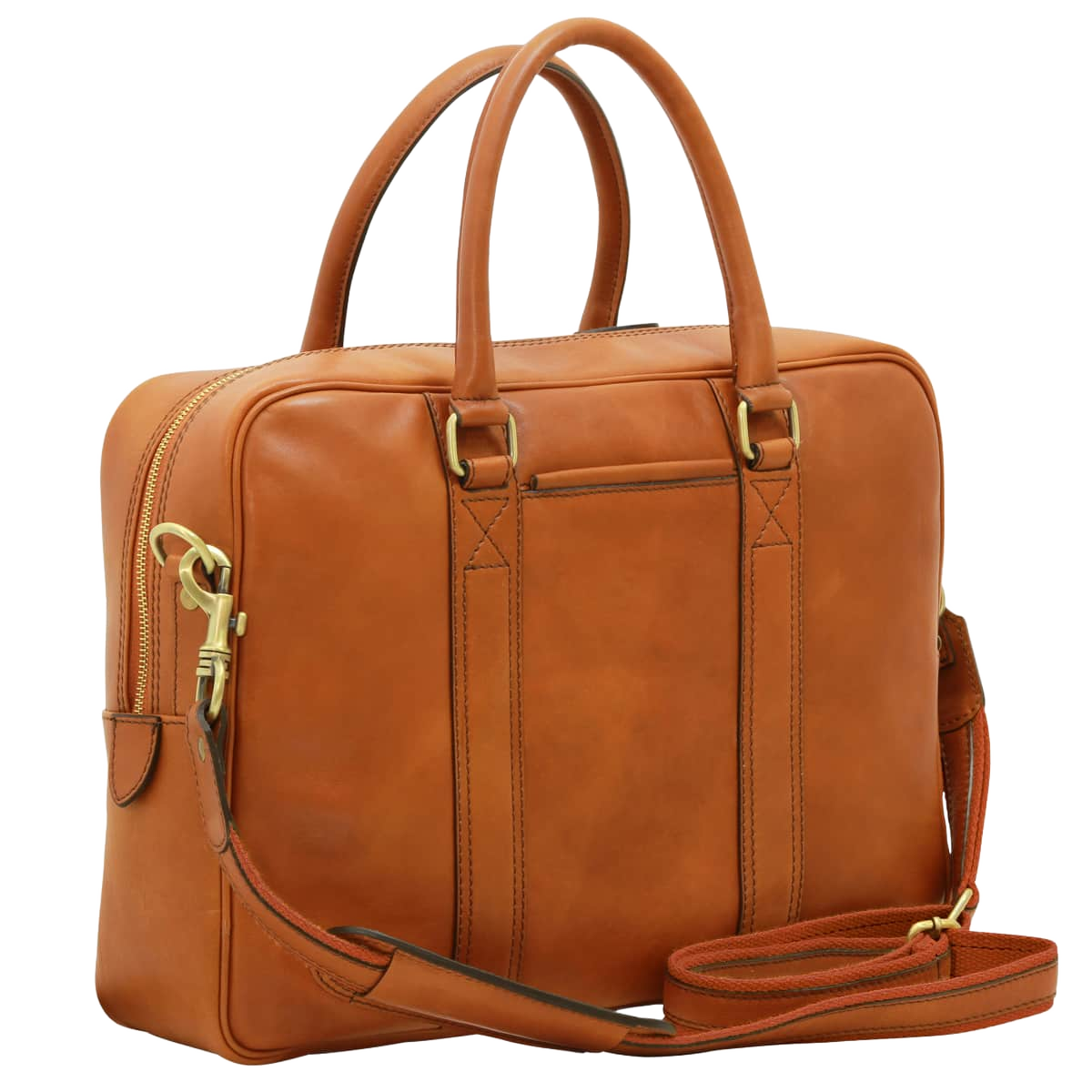 Cartella in pelle arancione con doppie maniglie e tasca anteriore con zip