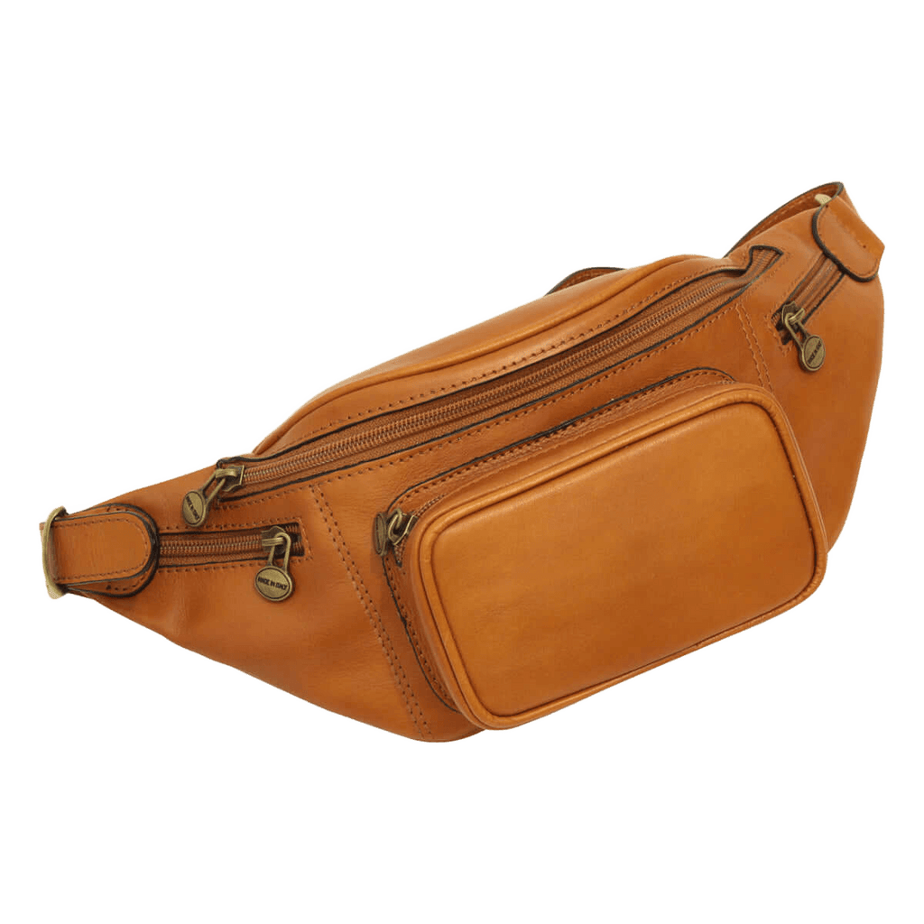 Marsupio in pelle marrone con tracolla e tasca centrale con zip