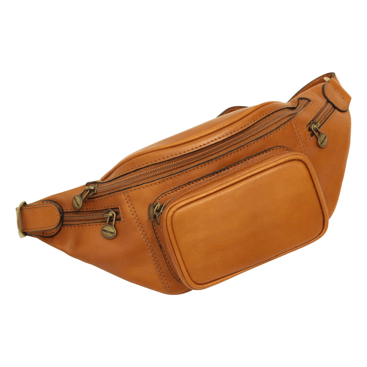 Marsupio in pelle marrone con tracolla e tasca centrale con zip