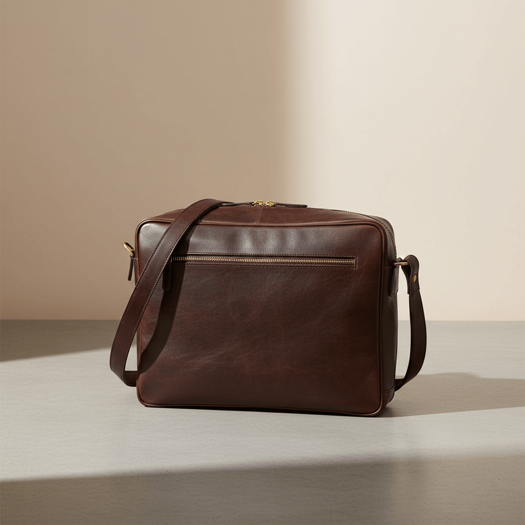 Tracolla in pelle marrone con zip superiore e tracolla regolabile