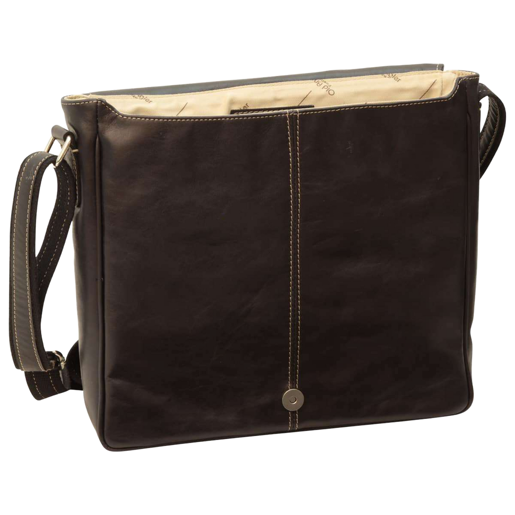Borsa messenger in pelle nera con tasca frontale e cuciture a contrasto