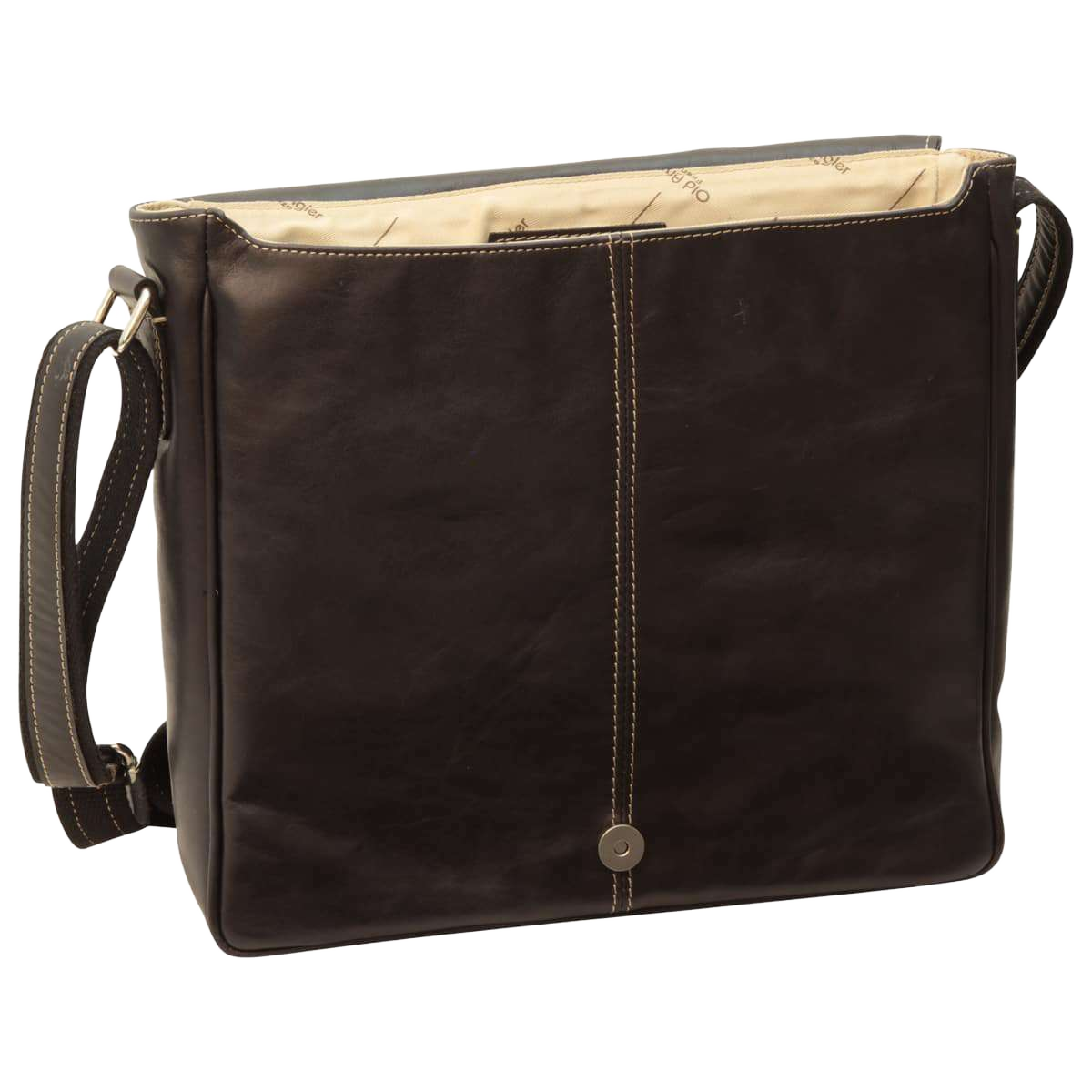 Borsa messenger in pelle nera con tasca frontale e cuciture a contrasto