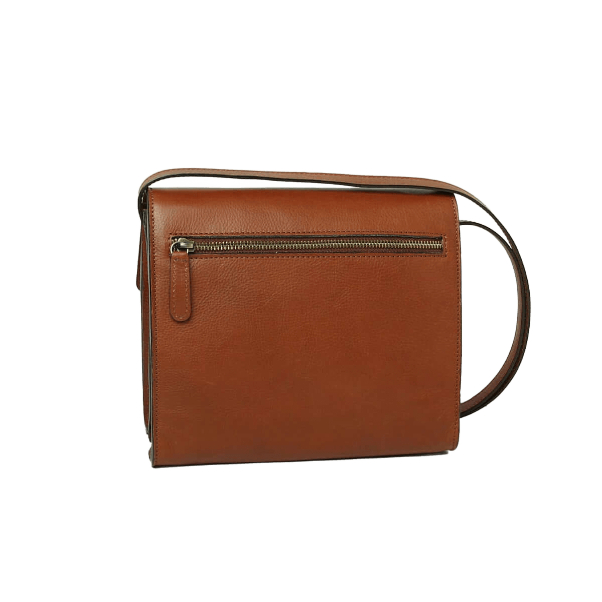 Borsa a tracolla in pelle cuoio con zip frontale e tracolla sottile
