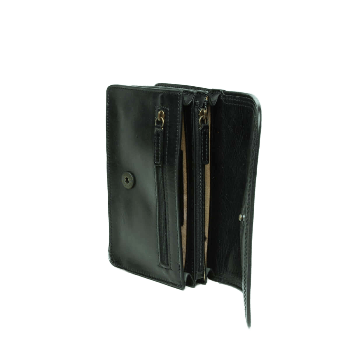 Pochette in pelle nera aperta con due scomparti e cerniere con dettagli dorati.