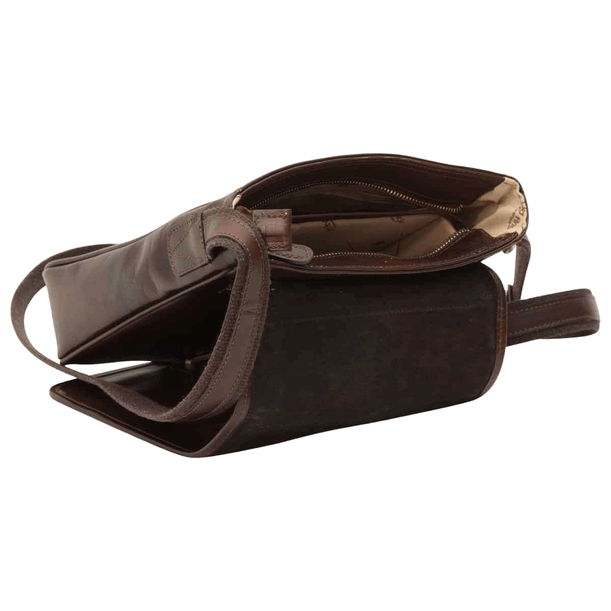 Tracolla messenger marrone scuro con patta, scomparto interno e tracolla.