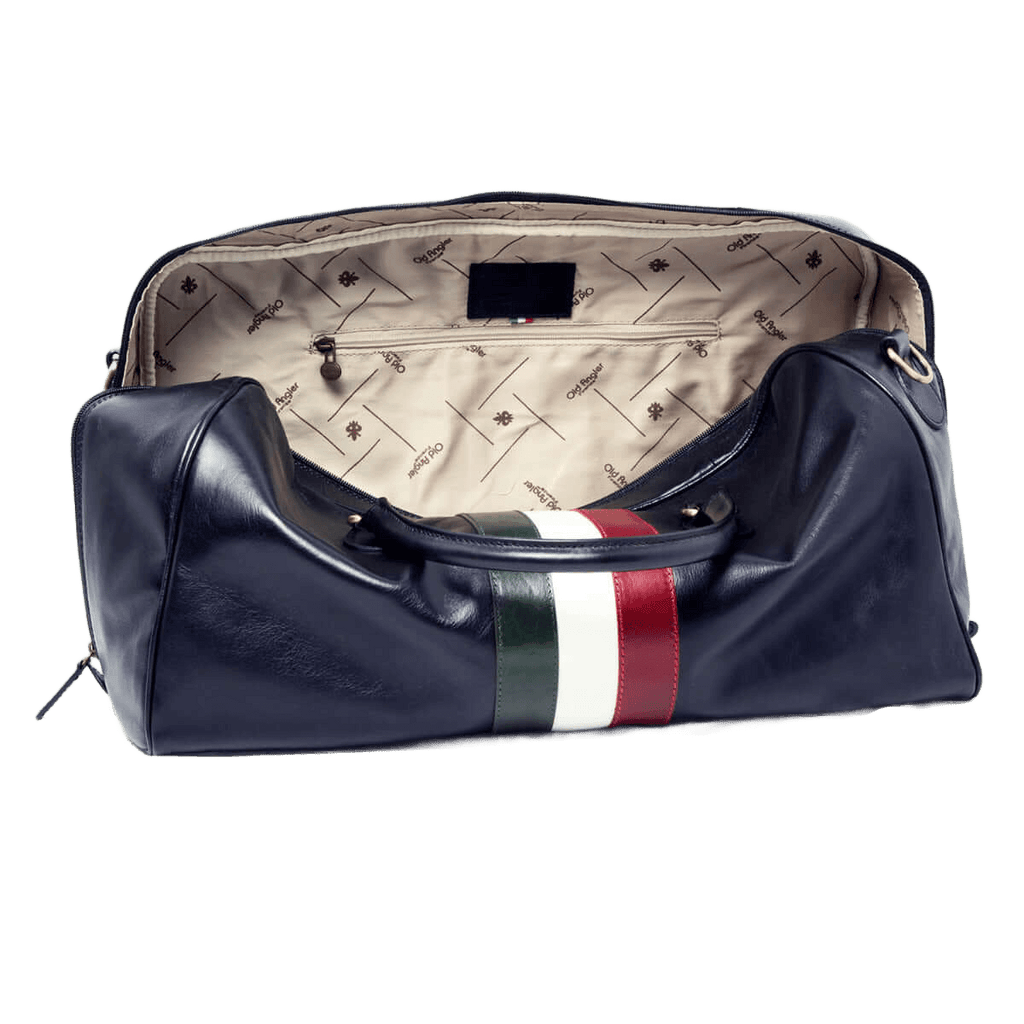 Borsa da viaggio nera in pelle con fodera beige e tasca interna, fascia tricolore