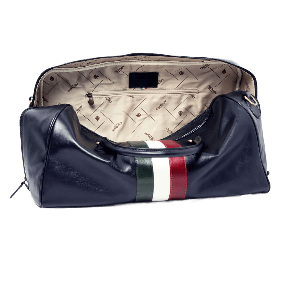 Borsa da viaggio nera in pelle con fodera beige e tasca interna, fascia tricolore