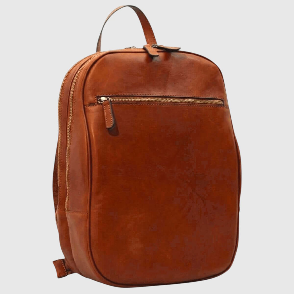 Zaino in pelle marrone Teak con tasca frontale con zip e manico superiore