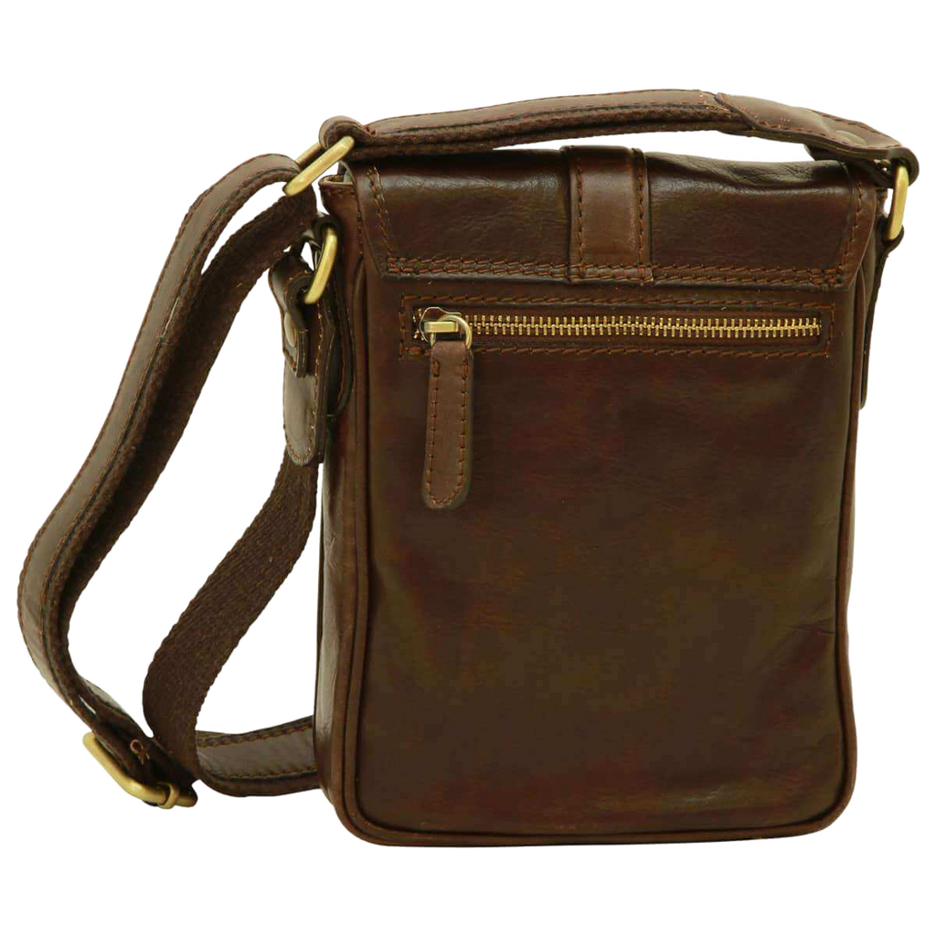 Borsa a tracolla in pelle marrone scuro con zip frontale e passanti per tracolla